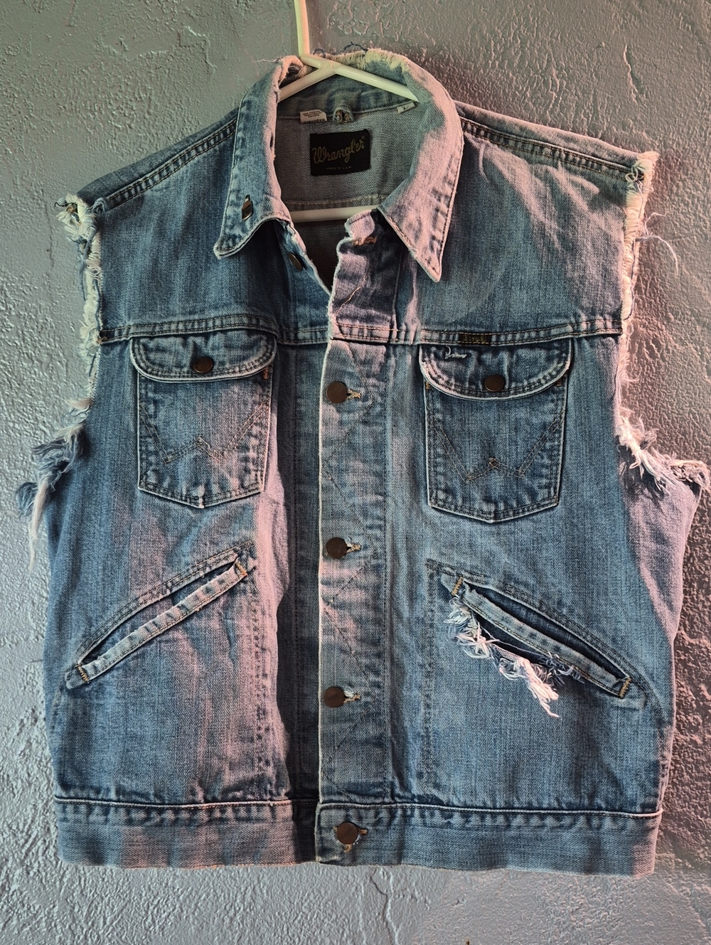 Wrangler Light Blue Distressed Denim Vest - Men's